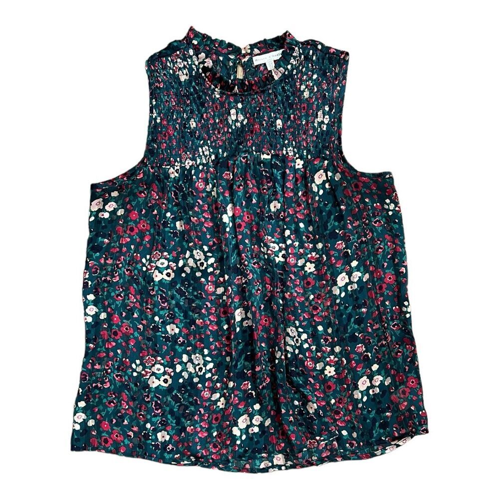 Maison d’Amelie Anthropologie Green Floral Ruched Sleeveless Blouse S